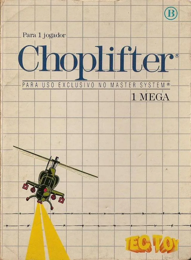Portada brasilera de Choplifter per a Master System, amb text en portuguès i el logotip de TecToy.