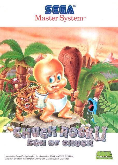 Portada europea de Chuck Rock II: Son of Chuck per a Sega Master System, amb Chuck Júnior sostenint un biberó i una clava.