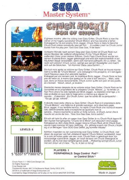 Contraportada europea de Chuck Rock II: Son of Chuck per a Sega Master System, amb quatre captures i text multilingüe.