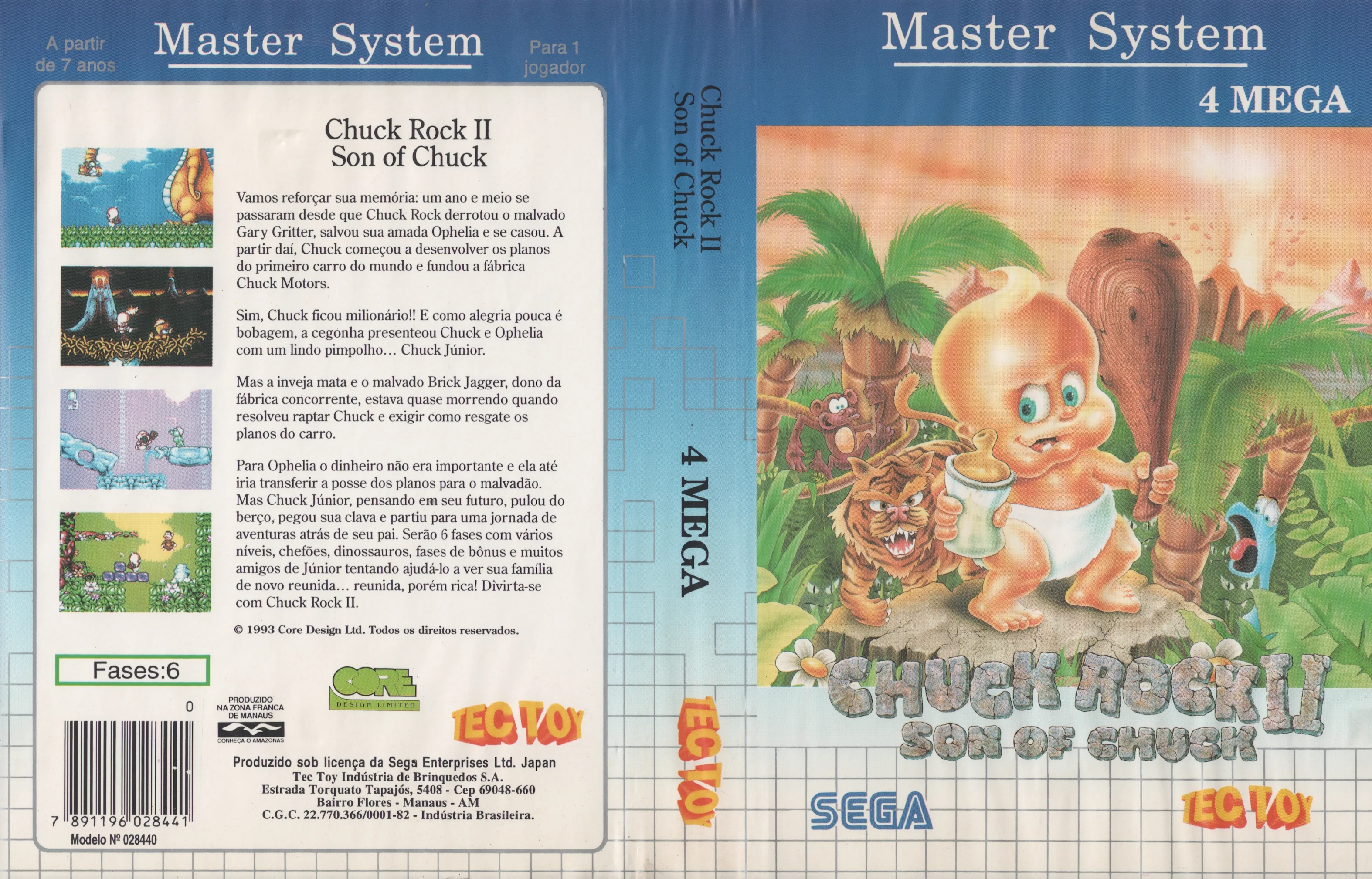 Caràtula brasilera desplegada de Chuck Rock II per a Master System, amb text en portuguès i marca Tec Toy.