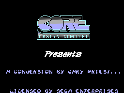 Pantalla inicial de Chuck Rock amb el logotip de Core Design, el crèdit de conversió de Gary Priest i la llicència de Sega.
