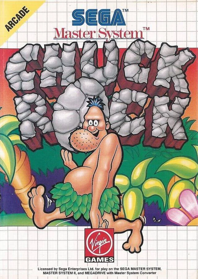 Caràtula frontal europea de Chuck Rock per a Sega Master System, amb Chuck davant del títol format per roques.