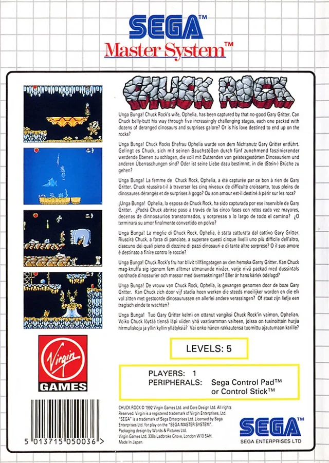 Contracoberta europea de Chuck Rock per a Sega Master System, amb quatre captures i textos en diversos idiomes.