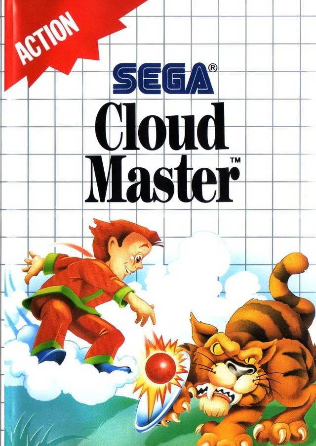 Portada europea de Cloud Master per a Sega Master System, amb Michael Chen sobre un núvol davant d’un tigre.
