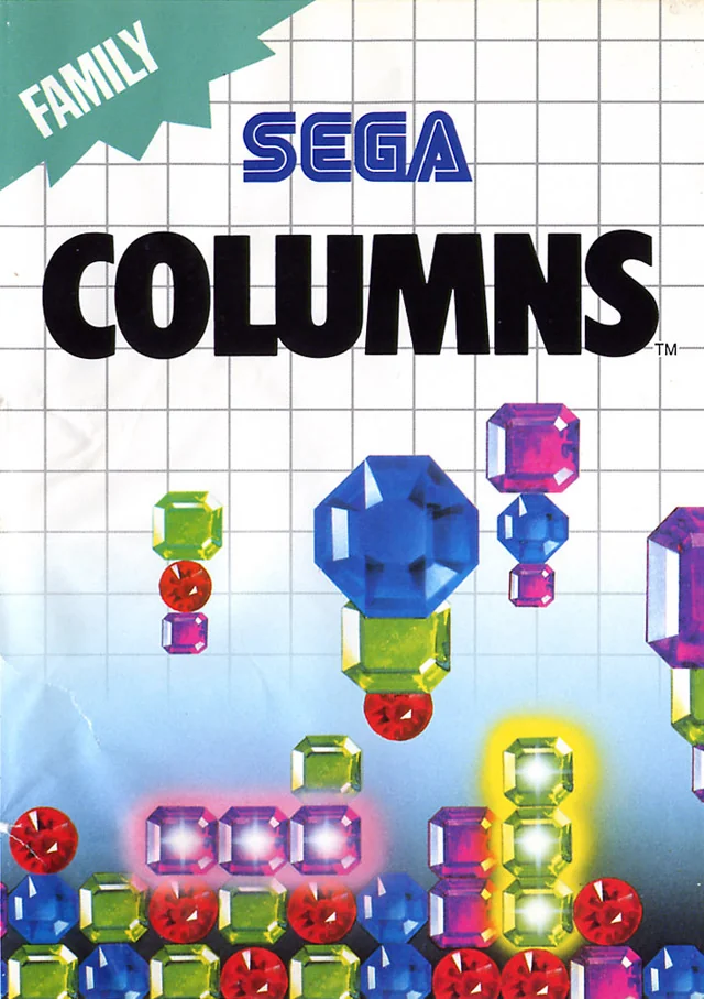 Portada europea de Columns amb una quadrícula blanca i gemmes de colors sota el logotip de SEGA.