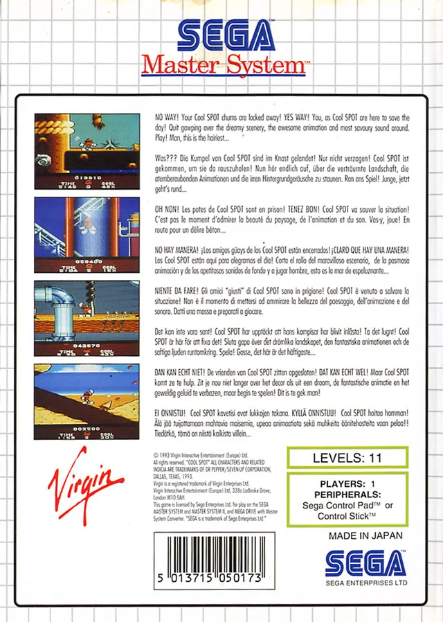 Contraportada europea de Cool Spot per a Sega Master System, amb captures i textos en diverses llengües.