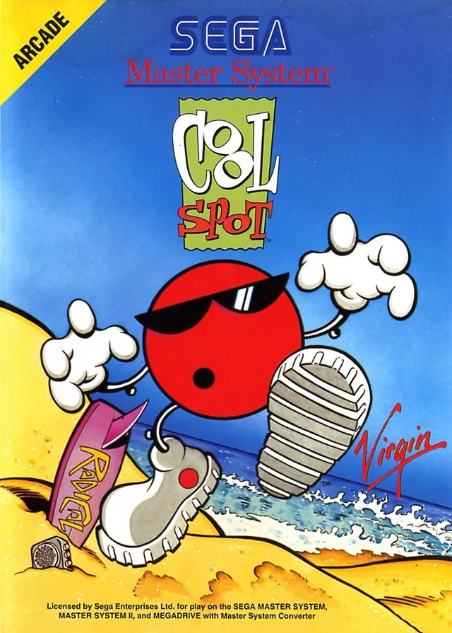Portada europea de Cool Spot per a Sega Master System, amb el personatge corrent per una platja.