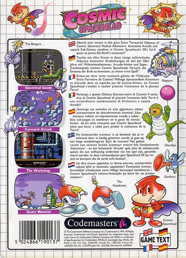 Contraportada europea de Cosmic Spacehead per a Sega Master System, amb text multilingüe i quatre captures.