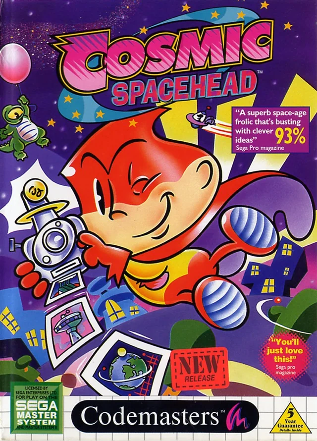 Portada frontal europea de Cosmic Spacehead per a Sega Master System, amb Cosmic i diversos personatges.