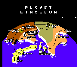 Mapa de Planet Linoleum amb localitats distribuïdes i rutes que les connecten.