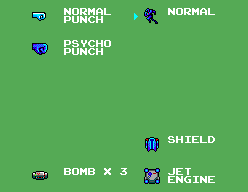Pantalla d'equipament amb Normal Punch, Psycho Punch, Shield, Bomb × 3 i Jet Engine.