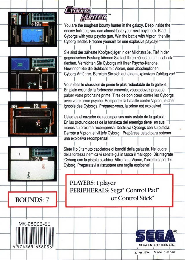 Contracoberta europea de Cyborg Hunter amb quatre captures i textos en diversos idiomes.
