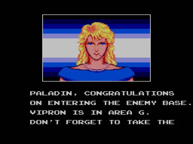 Retrat d'una dona rossa al costat d'un missatge adreçat a Paladin sobre l'entrada a la base enemiga.