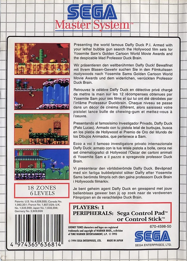 Contraportada europea de Daffy Duck in Hollywood per a Sega Master System, amb quatre captures i text multilingüe.