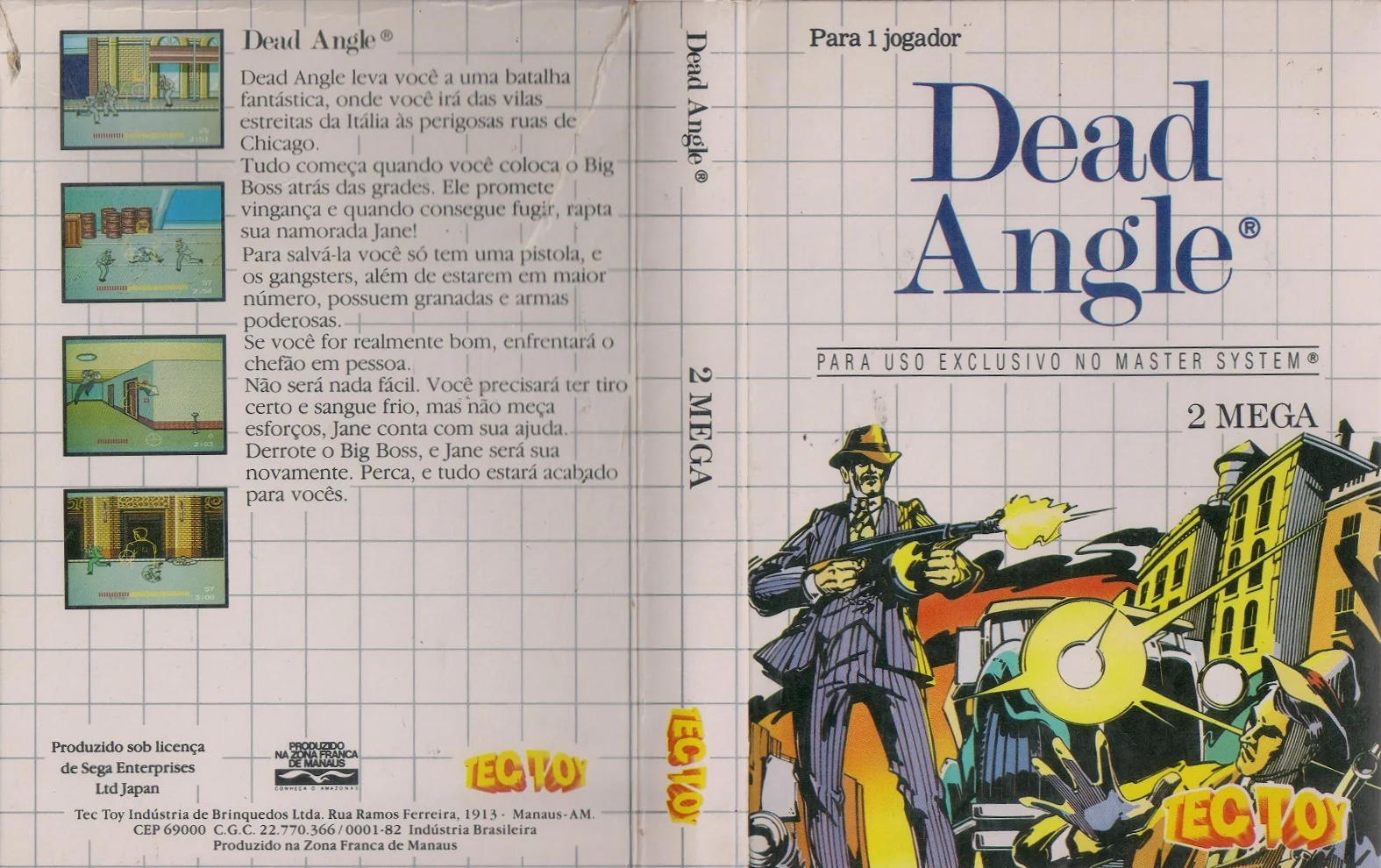 Caràtula desplegada de l’edició brasilera de Dead Angle, amb el logotip de Tec Toy, la indicació de 2 Mega i text en portuguès.