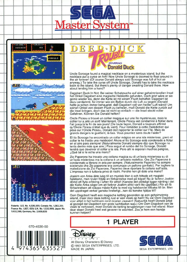 Contraportada europea de Deep Duck Trouble Starring Donald Duck, amb captures i text multilingüe.