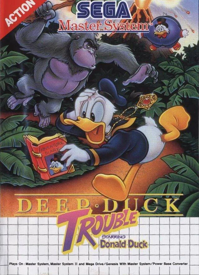 Portada europea de Deep Duck Trouble Starring Donald Duck, amb Donald fugint d’un goril·la per la jungla.