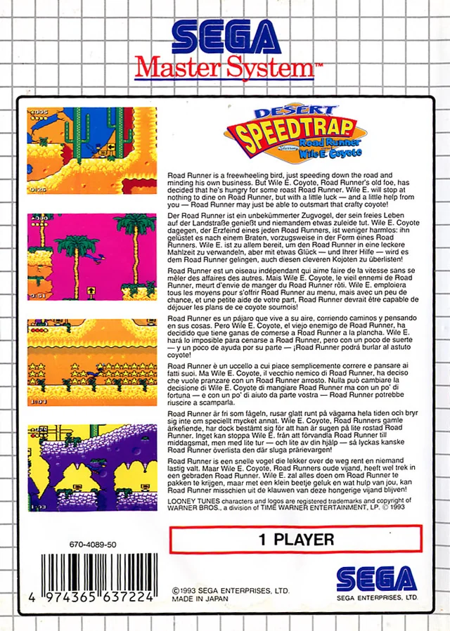 Contracoberta europea de Desert Speedtrap amb quatre captures, text multilingüe i la indicació d’un jugador.