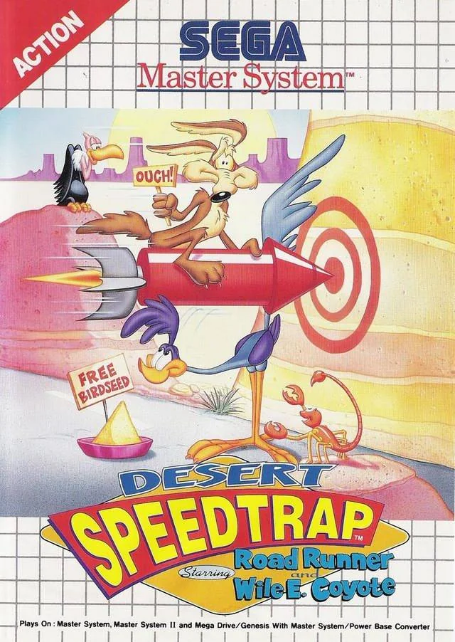 Portada europea de Desert Speedtrap amb Wile E. Coyote, muntat sobre un coet, mentre persegueix Road Runner.