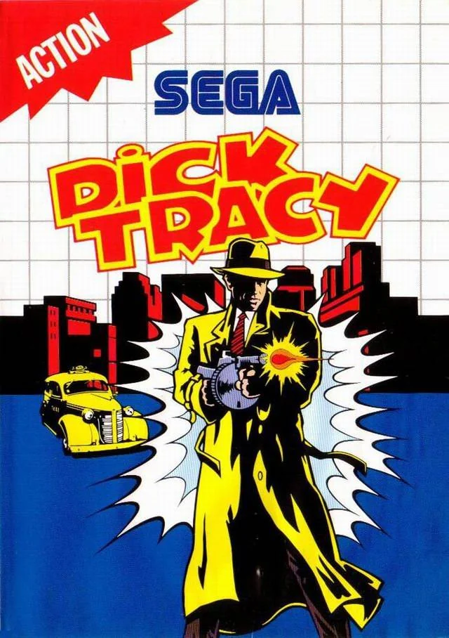 Portada europea de Dick Tracy per a Sega Master System, amb el detectiu armat davant d’un taxi groc.