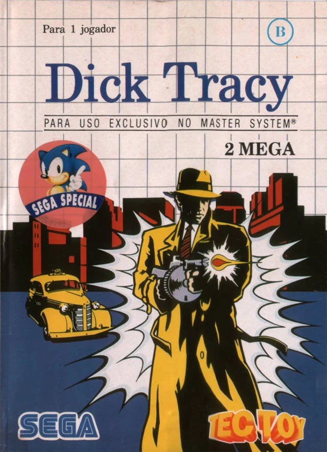 Portada brasilera de Dick Tracy amb textos en portuguès, segell Sega Special i marca Tec Toy.