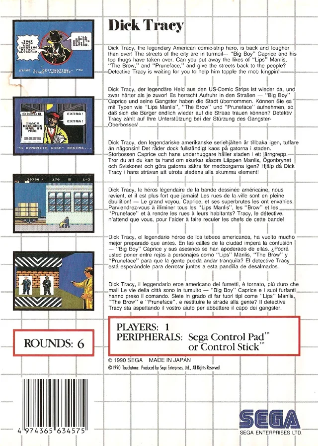 Contraportada europea de Dick Tracy per a Sega Master System, amb quatre captures i textos en diversos idiomes.