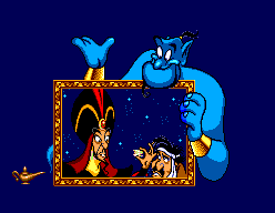 El Geni sosté un marc amb Jafar, Iago i Aladdin durant la introducció.