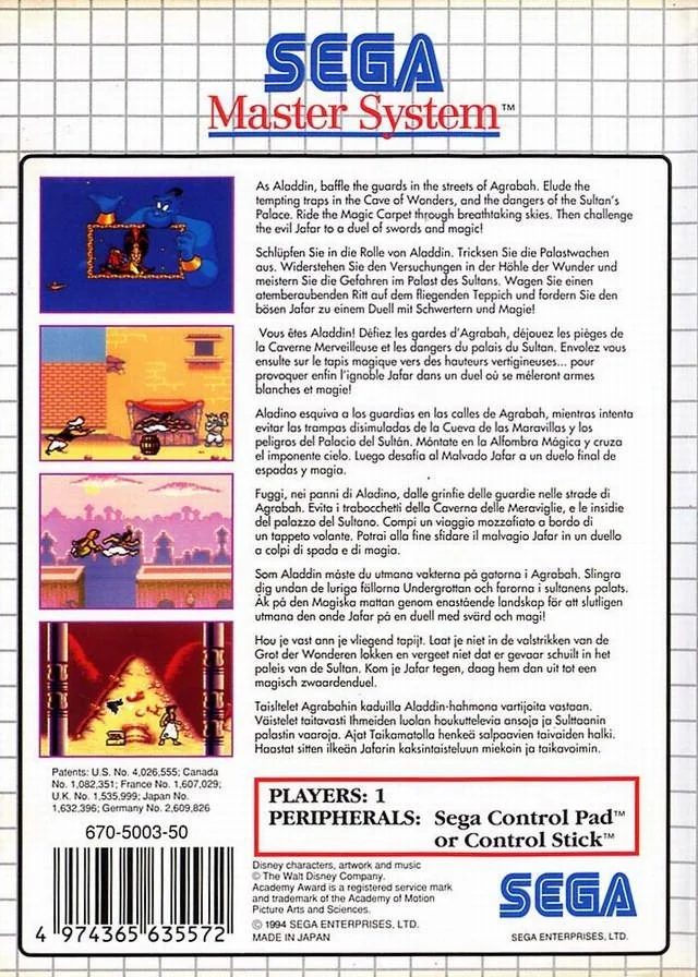 Contraportada europea de Disney's Aladdin per a Sega Master System, amb textos multilingües i quatre captures.