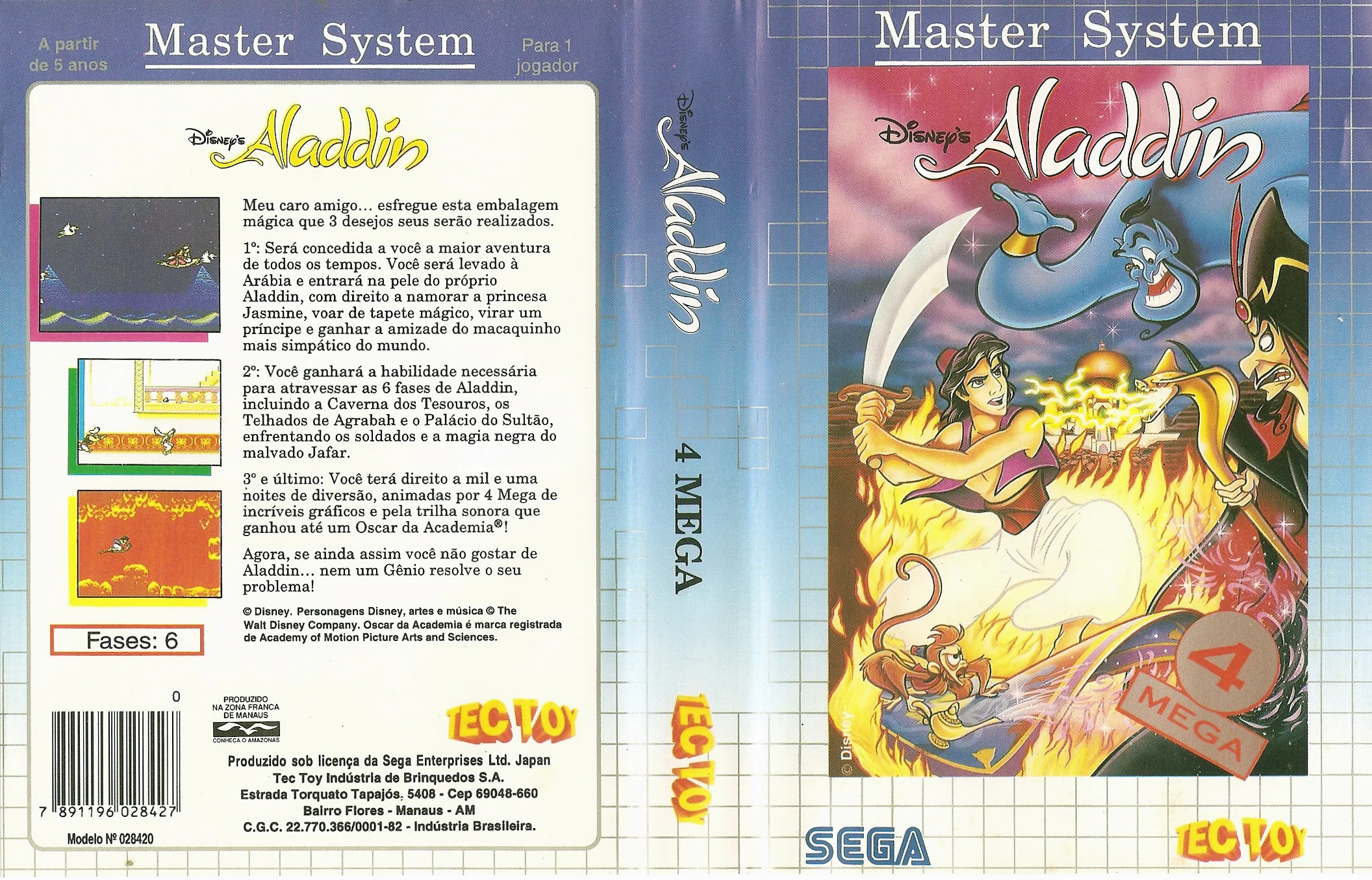 Caràtula brasilera desplegada de Disney's Aladdin, publicada per Tec Toy.