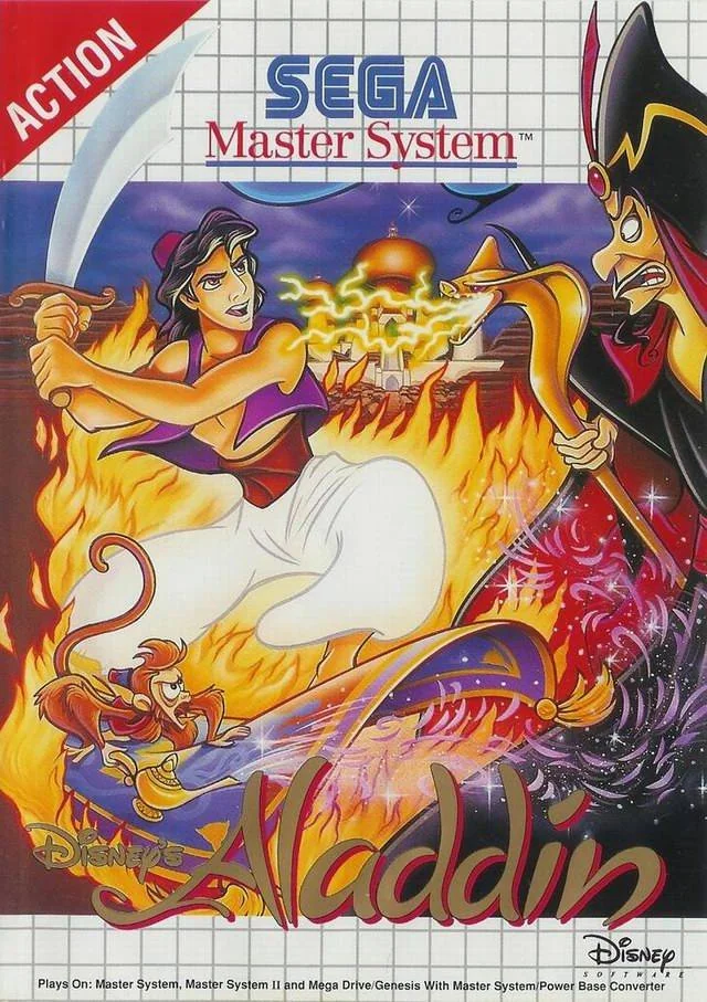 Portada europea de Disney's Aladdin per a Sega Master System, amb Aladdin, Jasmine, Abu, Jafar i el Geni.