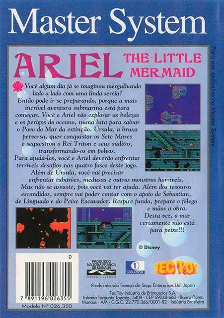 Contracoberta brasilera d’Ariel: The Little Mermaid amb text en portuguès i quatre captures del joc.
