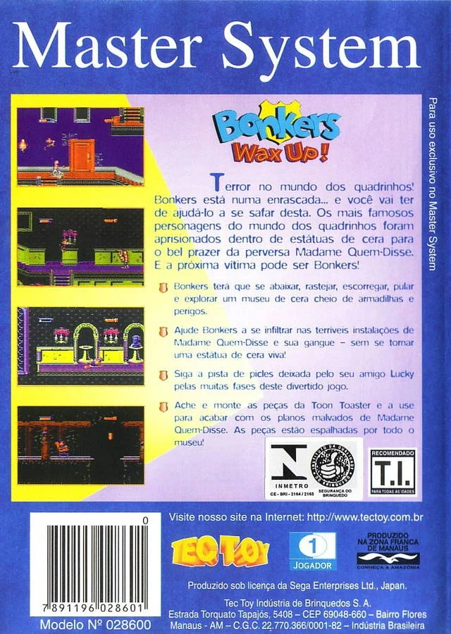 Contraportada brasilera de Bonkers Wax Up! per a Sega Master System, escrita en portuguès i amb quatre captures del joc.