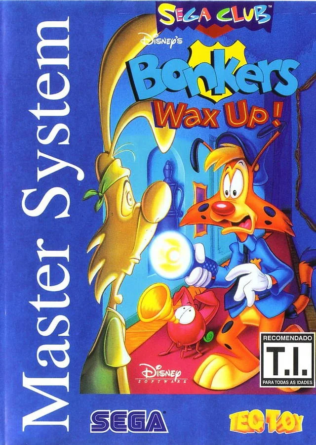 Portada brasilera de Bonkers Wax Up! per a Sega Master System, amb Bonkers il·luminant una figura de cera.