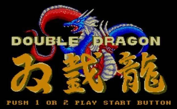 Pantalla de títol de Double Dragon amb l’ordre d’iniciar una partida d’un o dos jugadors.