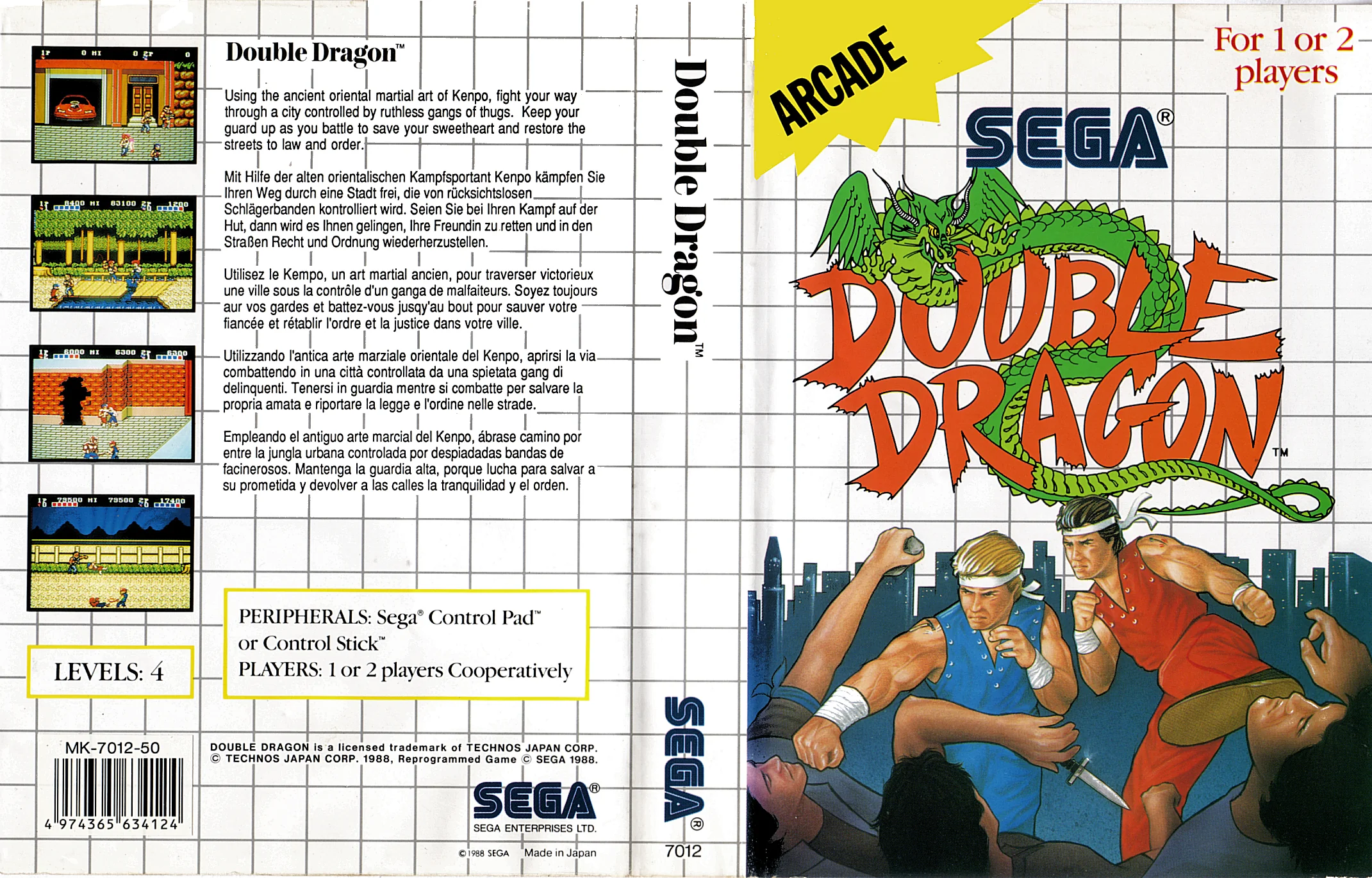 Caràtula europea desplegada de Double Dragon amb quatre captures de joc al revers, portada i llom.