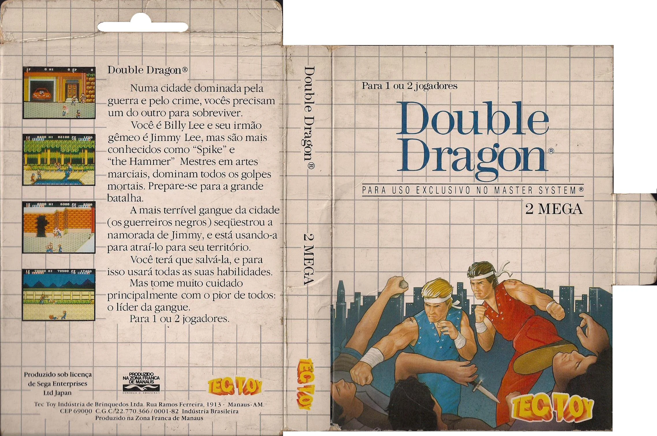 Embalatge brasiler desplegat de Double Dragon amb la marca Tectoy, textos en portuguès i quatre captures.