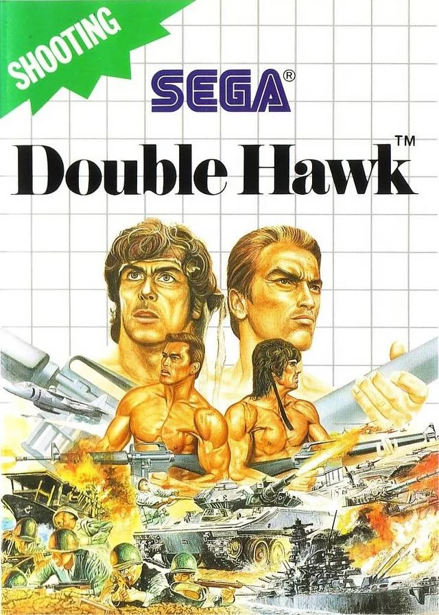 Portada europea de Double Hawk per a Sega Master System, amb dos combatents, soldats, avions i vehicles militars.