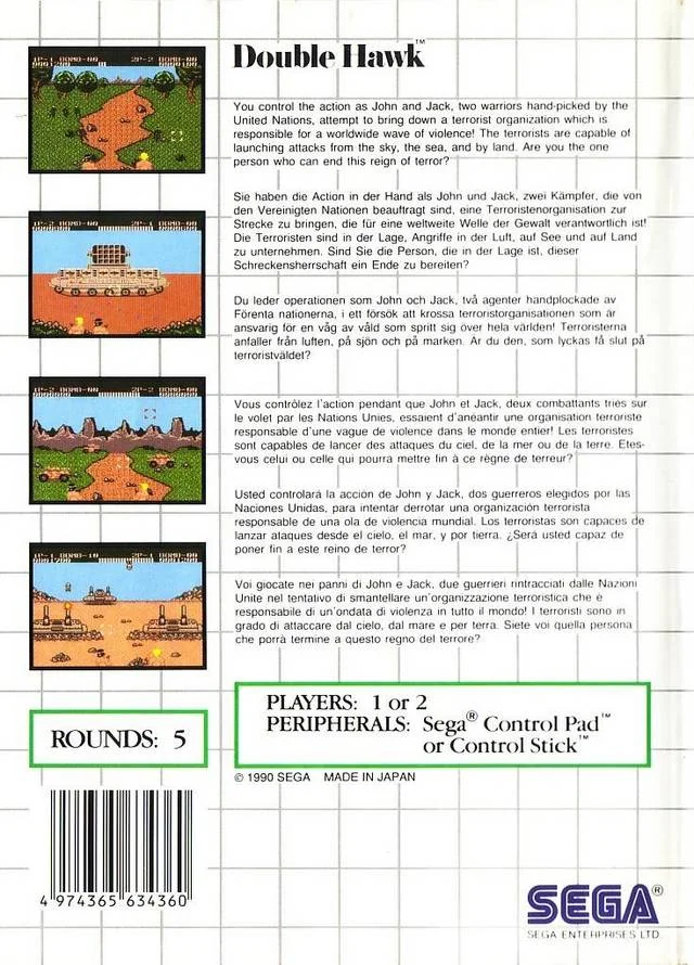 Contraportada europea de Double Hawk per a Sega Master System, amb quatre captures i textos en diversos idiomes.