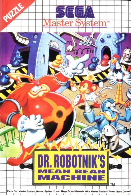 Portada europea de Dr. Robotnik's Mean Bean Machine per a Sega Master System, amb Robotnik i els seus robots dins una fàbrica.