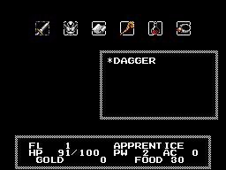 Pantalla d’estat de Dragon Crystal amb una daga, categories d’objectes i indicadors de pis, vida i or.
