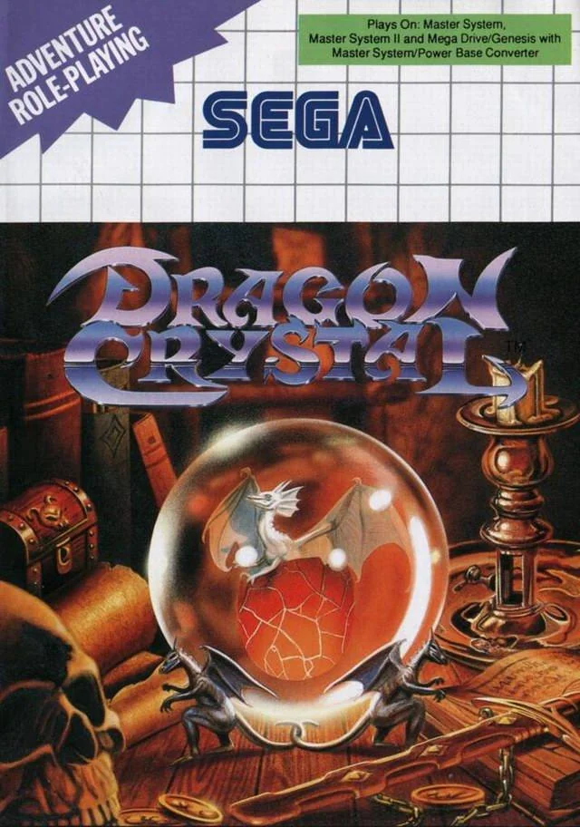 Portada europea de Dragon Crystal per a Sega Master System, amb un drac dins una bola de cristall.
