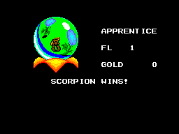 Pantalla de derrota de Dragon Crystal després que un escorpí hagi vençut el personatge.