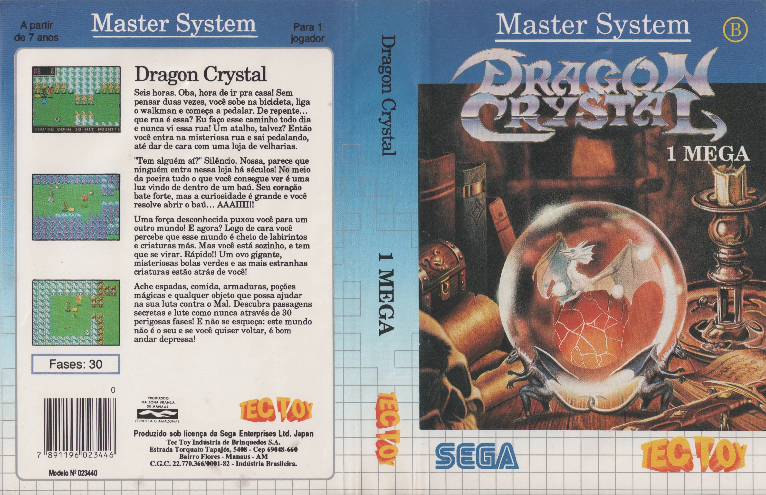 Caràtula brasilera desplegada de Dragon Crystal per a Master System, amb la marca Tec Toy i la indicació 1 MEGA.