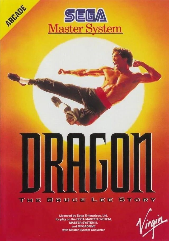 Portada europea de Dragon: The Bruce Lee Story per a Sega Master System, amb un lluitador llançant una puntada.