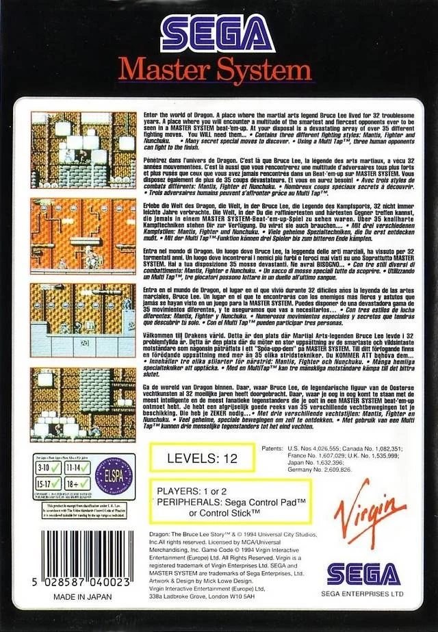 Contraportada europea de Dragon: The Bruce Lee Story per a Sega Master System, amb text multilingüe i quatre captures de joc.
