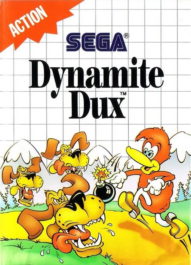 Portada europea de Dynamite Dux per a Sega Master System, amb un ànec encenent una bomba davant de diversos gossos.