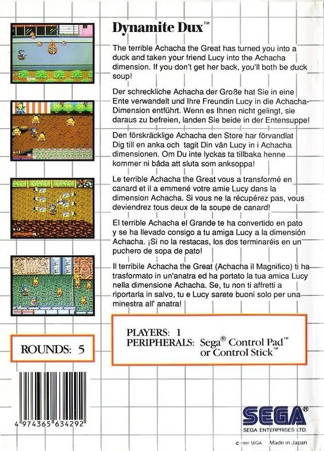 Contraportada europea de Dynamite Dux per a Sega Master System, amb quatre captures i textos multilingües.
