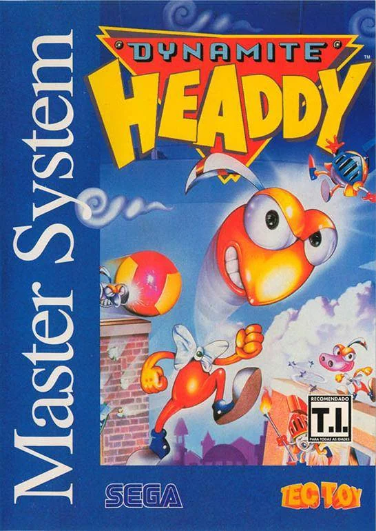 Portada frontal brasilera de Dynamite Headdy per a Master System, amb Headdy i la marca TecToy.