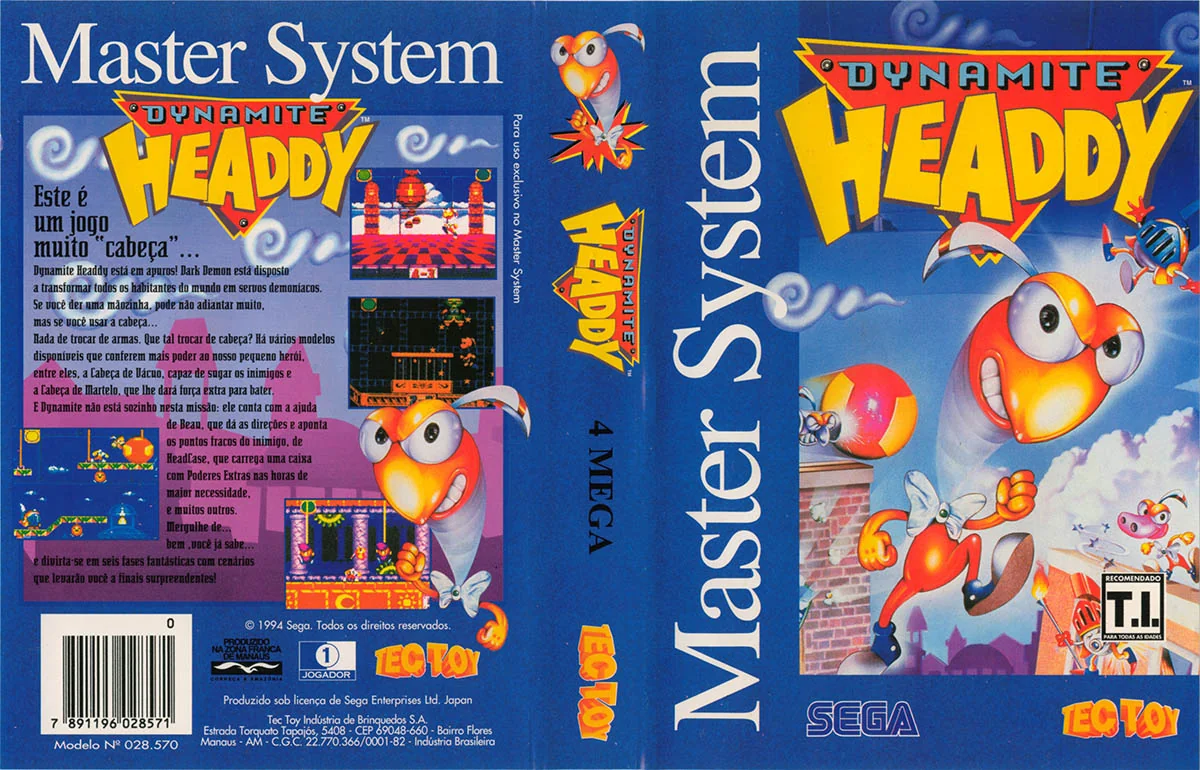 Caràtula brasilera desplegada de Dynamite Headdy, amb frontal, llom i contraportada de TecToy.