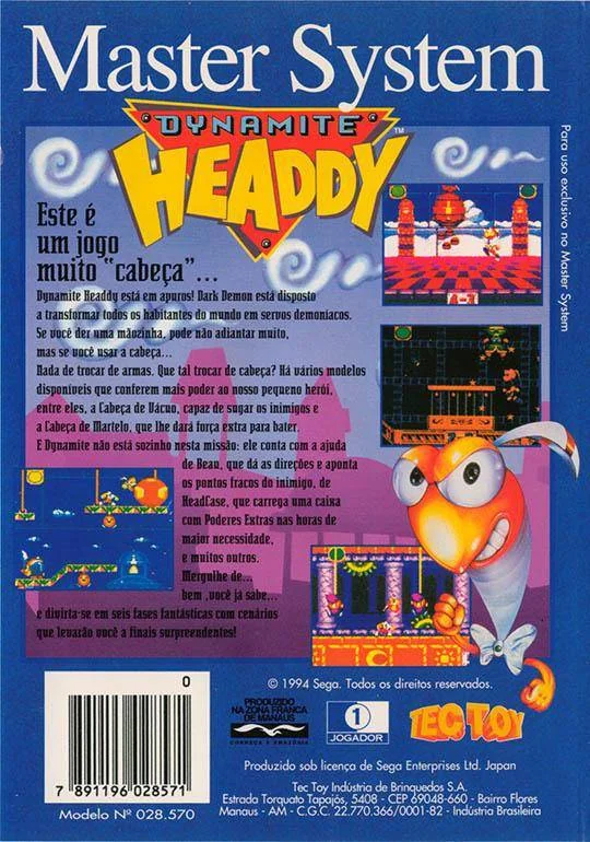 Contraportada brasilera de Dynamite Headdy per a Master System, amb text portuguès, captures i marca TecToy.